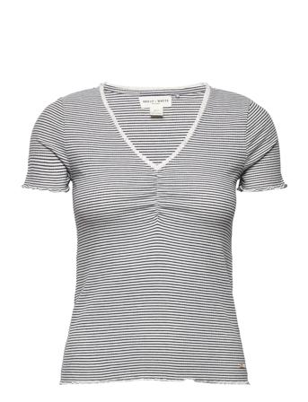 Top Vanessa Rib And Stripe T-shirt Top Blå Lindex