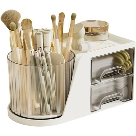 360° Roterende Penneblyantholder, Skrivebordsstasjonær Oppbevaringsboks med 2 Skuffer, Penneorganisator med Stor Kapasitet Sminkekostholder for Kontor