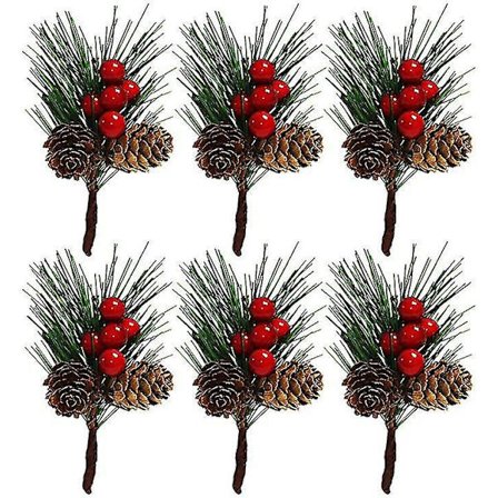 6 stk Kunstige Furu Pinner Juleranse Rød Bær Furu Kongle