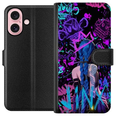 Yhteensopiva Lompakkokotelo Apple Apple iPhone 16 Värikäs graffitipiirustus, jossa on sinipäinen hahmo urbaanissa katutaidetyylissä