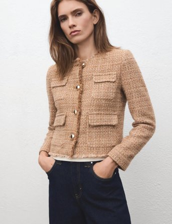 Mango Tweed Jacket With Frayed Ends - Brown - L