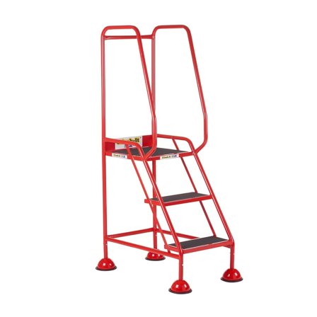 Domed feet mobile safety steps, 3 treads, H 770 mm, red