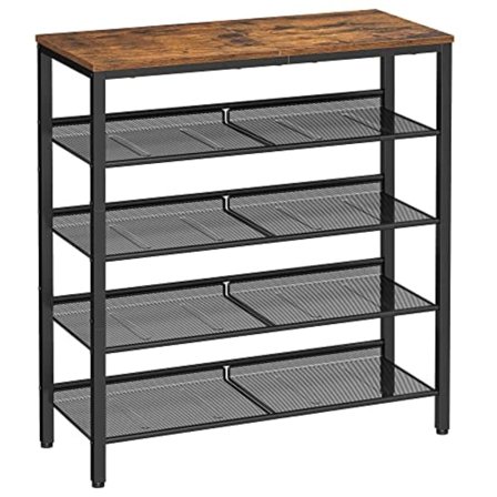 5-lags Skohylde, Høj Skoopbevaring med 4 Mesh-hylder og Stor Top til Tasker, Plads til Entré, Hall, Stål, Industri, Rustikbrun og Sort