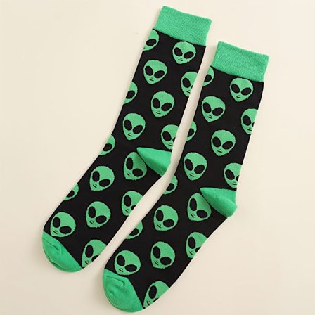 Par Herre Halloween Sokker - Morsomme Grønne Romvesenansikter, Midt-legg Lengde