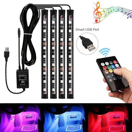 4x 9LED RGB auton sisäilmatunnelma Jalkatilan nauhavalo USB Ch