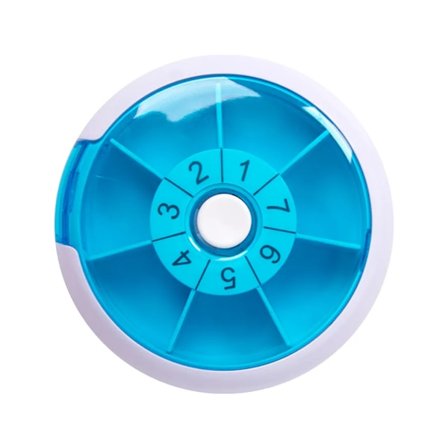 Rund pilleboks tablettboks 7 dagers medisinboks, roterende pilleboks med snaplukking, blå tall