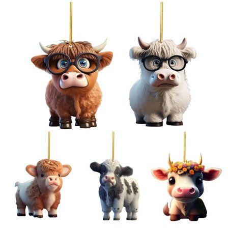 5x Tegneserie Ko Dekorative Ornamenter Kvæg Ko Gaver DIY Bil Indvendige Vedhæng Sød Akryl Highland Ko Vedhæng Juletræ Ornament