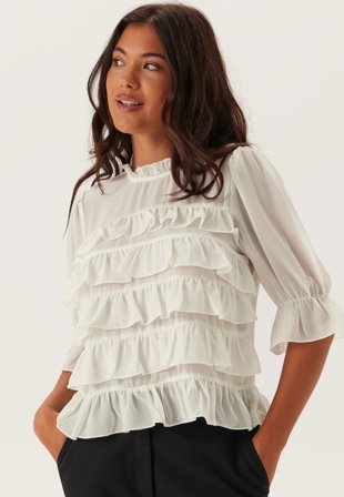 Bubbleroom - Frill Short Sleeve Blouse - Cream - Kläder