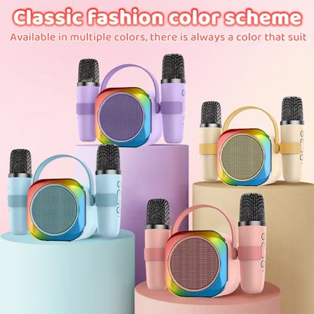 Mini Karaoke Maskin– Bärbart Karaokesystem med 2 Trådlösa Mikrofoner, RGB-Ljus, Kompatibel med Smartphonent