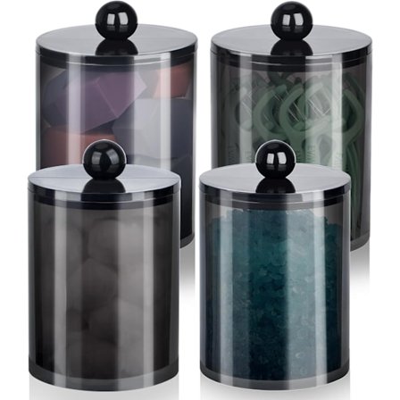 4-pak Qtip Holder Sæt, Sorte Apotekerglas med Låg - Plastikbeholdere til Vatpinde, Vatrondeller & Makeup essentia1s, Badeværelse V