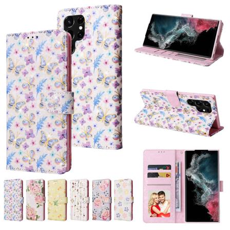 Magnetisk Flip Wallet Case Kompatibel Med Samsung Galaxy S23 Ultra, Bronzing Flowers Pu Leather Cover Med Lanyard