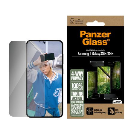 PanzerGlass Galaxy S25+ ECO MATRIX 4-way Privacy Skjermbeskytter Ultra-Wide Fit, 4-veis privatliv, 100 % resirkulert plast