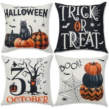Halloween-koristetyynyt 18x18, 4 kpl, Heittotyynynp lliset Halloween-sisustukseen, Halloween-kissa, kurpitsa
