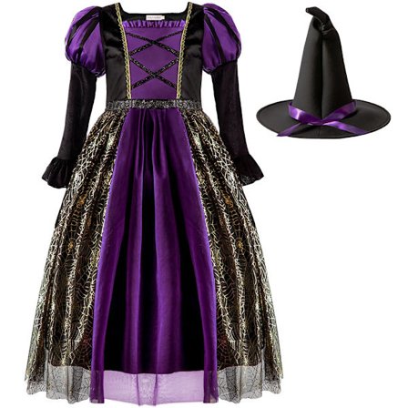 Halloween Cosplay Fest Kostume Heks Magisk Kjole Med Hat 120cm