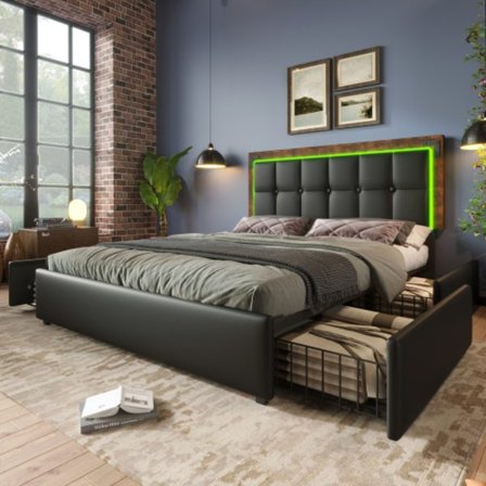 Sängram med LED-ljusramp och 4 lådor, dubbelsäng klädd säng 160x200cm