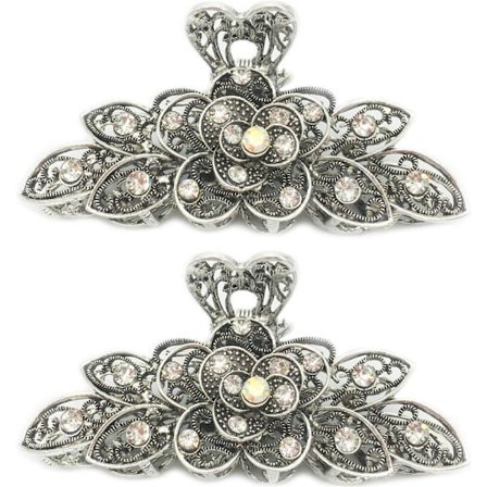 2 st Kvinnor Retro Chic Rhinestone Legering Fancy Hår Klo Jaw Klämmor Pins -Vintage Blommor Hår Catch Grip Hår Tillbehör för Tjockt Hår