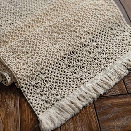 Boho Beige Macrame Bordslöpare med Fransar, Böhmisk Vävd Bomullsspets, Rustik Heminredning (Beige, 30x180cm)