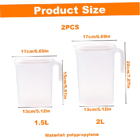 Kjøleskap Vannkanne, 1,5L og 2L Plastkanne med Filterlokk, Lekkasjesikker for Juice eller Iste