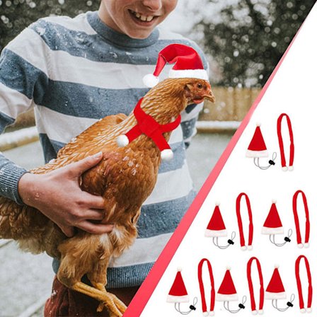 12 stykker julehatt og skjerf for kjæledyr - Mini rød julemannhatt og skjerf - Julehatt for kaniner med justerbar hakerem for høner, kaniner og andre 