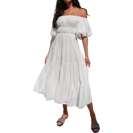 ivimos Off-Shoulder Klänningar för Kvinnor Sommar Puff Ärm Empire Midja Casual Volang A-Linje Flytande Midi Klänning med Bälte Vit Liten