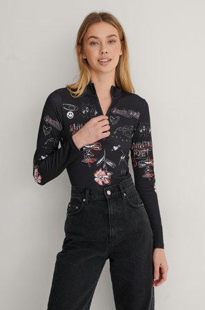 Lisa-Marie Schiffner x NA-KD Front Zip Printed Body - Bodysuits - Sort - X-Small