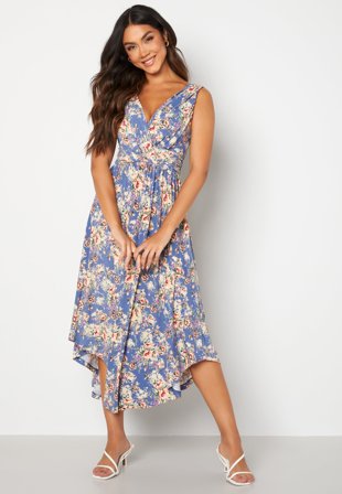 Bubbleroom Occasion - Draped Soft Midi Dress - Navy/Floral