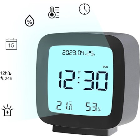 Digitalt vækkeur, digitalt ur, børnevækkeur, med temperatur, fugtighed, dato, sort