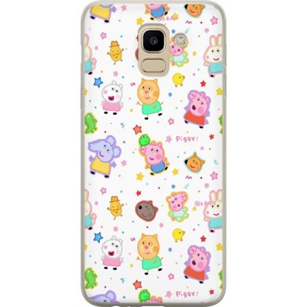 Kompatibelt Mobildeksel til Samsung Galaxy J6 Fargerike tegneserie dyrekarakterer i en leken stil med stjerner og prikker på en lys bakgrunn