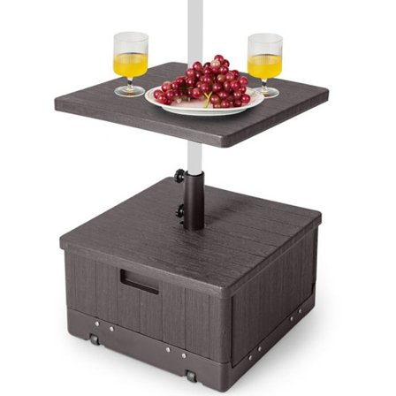 COSTWAY 3-in-1 Parasol Basis 38/48 mm Mastoille - Pöydän Tasanne, Kukkaruukku Raskaalla Laukulla, Pyörät, Ruskea Kahva