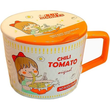Ramen skål med låg, Instant Noodle krus, Keramisk stor suppeskål med håndtag, Sød Ramen skål, Ramen elskere gave. (Orange)