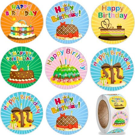 Födelsedagsklistermärken för kort, 1 rulle med 6 söta födelsedagstårtdesigner, 1'' runda självhäftande tätningsetiketter, grattis på födelsedagen 