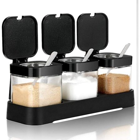 Krydderiglas til krydderier med låg og skeer, klar glas krydderibeholder, krydderikasse, sukker-saltbeholder, sæt med 3 til køkkenbordplade Fo