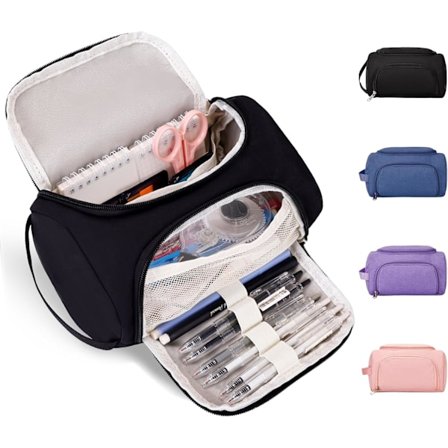 Stort pennal, pennboks med glidelås for jenter, skolemateriell, svart