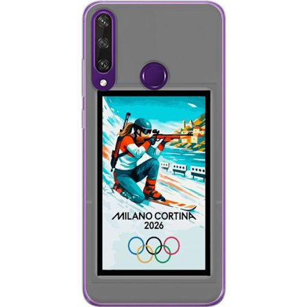 Kompatibelt Mobildeksel til Huawei Y6p Retroplakat Cortina Milano 2026 med fjell, vintersportsutøvere, italienske trikolor, Milano-katedralen og olymp