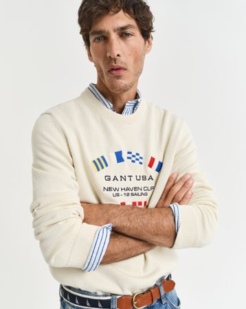 GANT Herren Nautical Flags Rundhalspullover (XL) Weiß