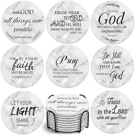Keramiske underlag med bibelvers, sett med 8 underlag og holder, absorberende drikkeunderlag for hjemmeinnredning og kristne gaver
