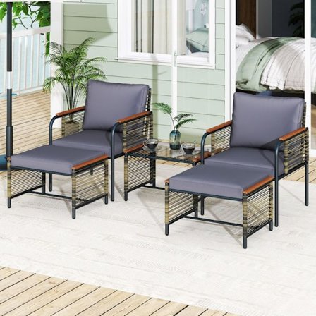 Utegrupp 5 PCS COSTWAY, Rotsinsstolar, Glasskiva, 2 Ottomaner, Grå Kuddar