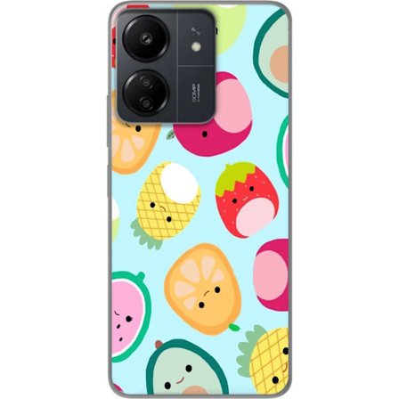 Kompatibel Mobilcover til Xiaomi Redmi 13C Mønster af kawaii frugter som jordbær citron ananas og avocado på lyseblå baggrund