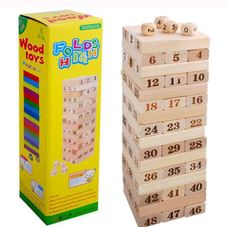 Jenga-peli, lasten numeroiden pinoamislautapeli, rakennuspalikkalelu ja puinen pinoamispulmalelu.