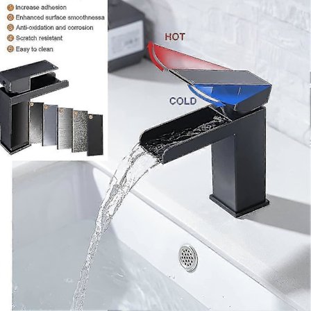 Baderomsarmatur med fossefall, svart servantarmatur med fossefall, ett hull (Ruipei)