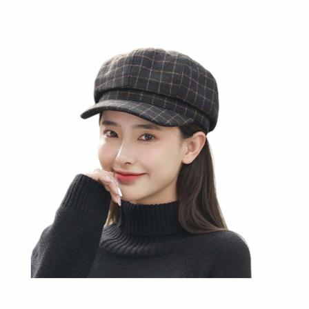 Dames Plaid Stribet Beret, Retro Ottekantet Hat, Udsolgt