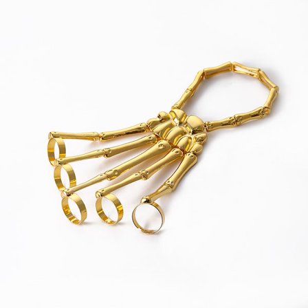 Punk Armband (guld) Skalle Finger Metall Skalle Armband med Ring Överdriven Metall Skalle Finger Benfog Led Armband Kvinnor Flickor Fest Present 