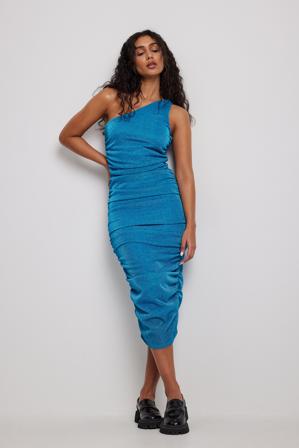 NA-KD Party Robe mi-longue asymétrique drapée en tissu pailleté - Robes mi-longues - Bleu - XX-Small