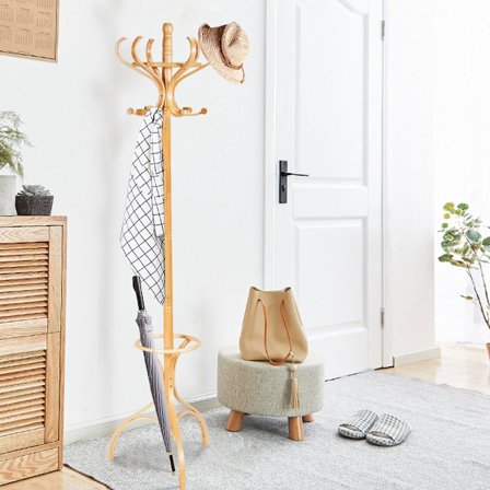 Knagerække med 12 kroge og paraplystativ, birketræ