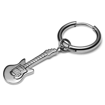 Srebrzysty stalowy kolczyk z zawieszką w kształcie gitary dla mężczyzn - Kolczyki kółeczka z zawieszką