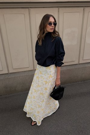 NA-KD Printed Lace Maxi Skirt - A-formet Nederdel - Gul/Blomstret - XL