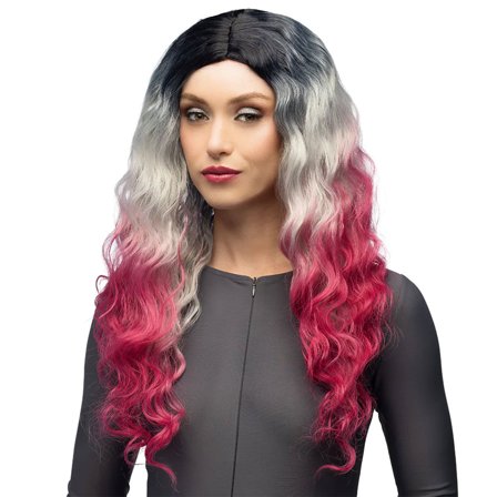 Bølgete Svart, Grå & Rosa Ombre Parykk