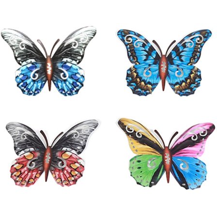 Metall sommerfuglvegg, 3D farget metall sommerfugl 4-delt sett