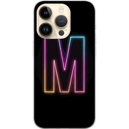 Kompatibel Mobilcover til Apple Apple iPhone 15 Pro Neonbogstav M med farveskiftende lyseffekt mod sort baggrund, moderne minimalistisk typografi med