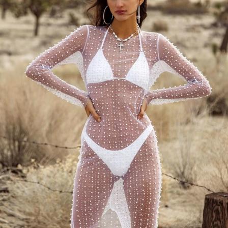 Fashionabla och sexiga pärlformade Hot Diamond Cover Up Mesh långärmad klänning vit XL